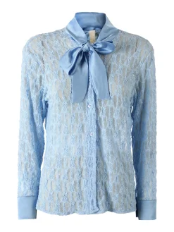 Solada Camicia donna in pizzo a maniche lunghe con dettagli effetto raso - azzurro
