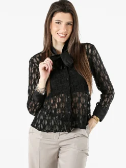 Solada Camicia donna in pizzo a maniche lunghe con dettagli effetto raso - nero