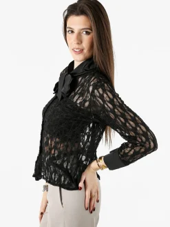 Solada Camicia donna in pizzo a maniche lunghe con dettagli effetto raso - nero