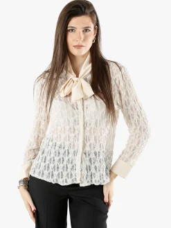 Solada Camicia donna in pizzo a maniche lunghe con dettagli effetto raso - beige
