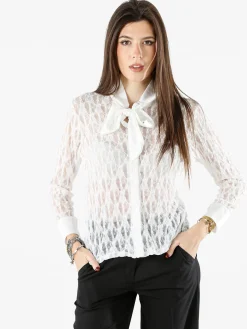 Solada Camicia donna in pizzo a maniche lunghe con dettagli effetto raso - bianco