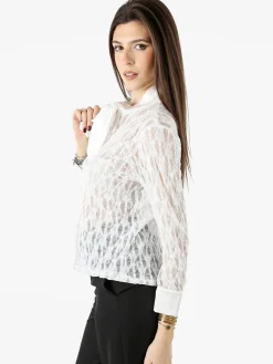 Solada Camicia donna in pizzo a maniche lunghe con dettagli effetto raso - bianco