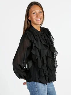 Solada Camicia donna maniche lunghe con volant - nero