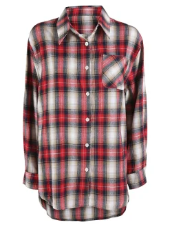 Solada Camicia donna oversize a quadri con stampa orsacchiotto sul retro - rosso
