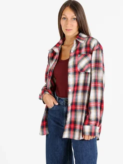 Solada Camicia donna oversize a quadri con stampa orsacchiotto sul retro - rosso