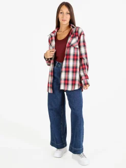 Solada Camicia donna oversize a quadri con stampa orsacchiotto sul retro - rosso
