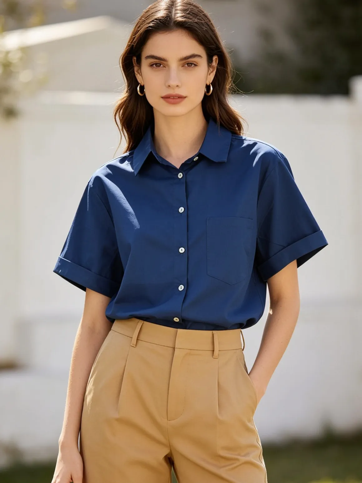 Solada Camicia donna oversize a maniche corte con taschino - blu scuro