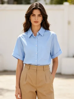 Solada Camicia donna oversize a maniche corte con taschino - azzurro