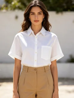Solada Camicia donna oversize a maniche corte con taschino - bianco