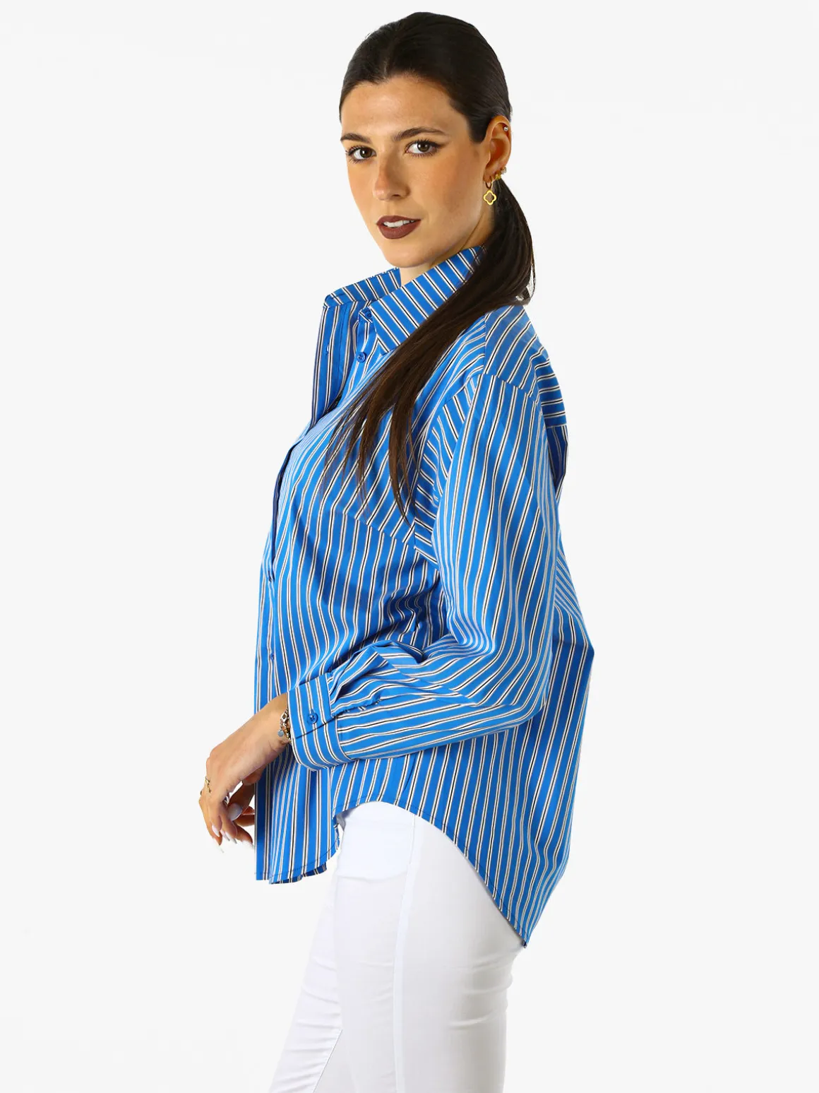 Solada Camicia donna oversize a righe con maniche lunghe - blu