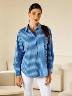 Solada Camicia donna oversize a righe con maniche lunghe - blu