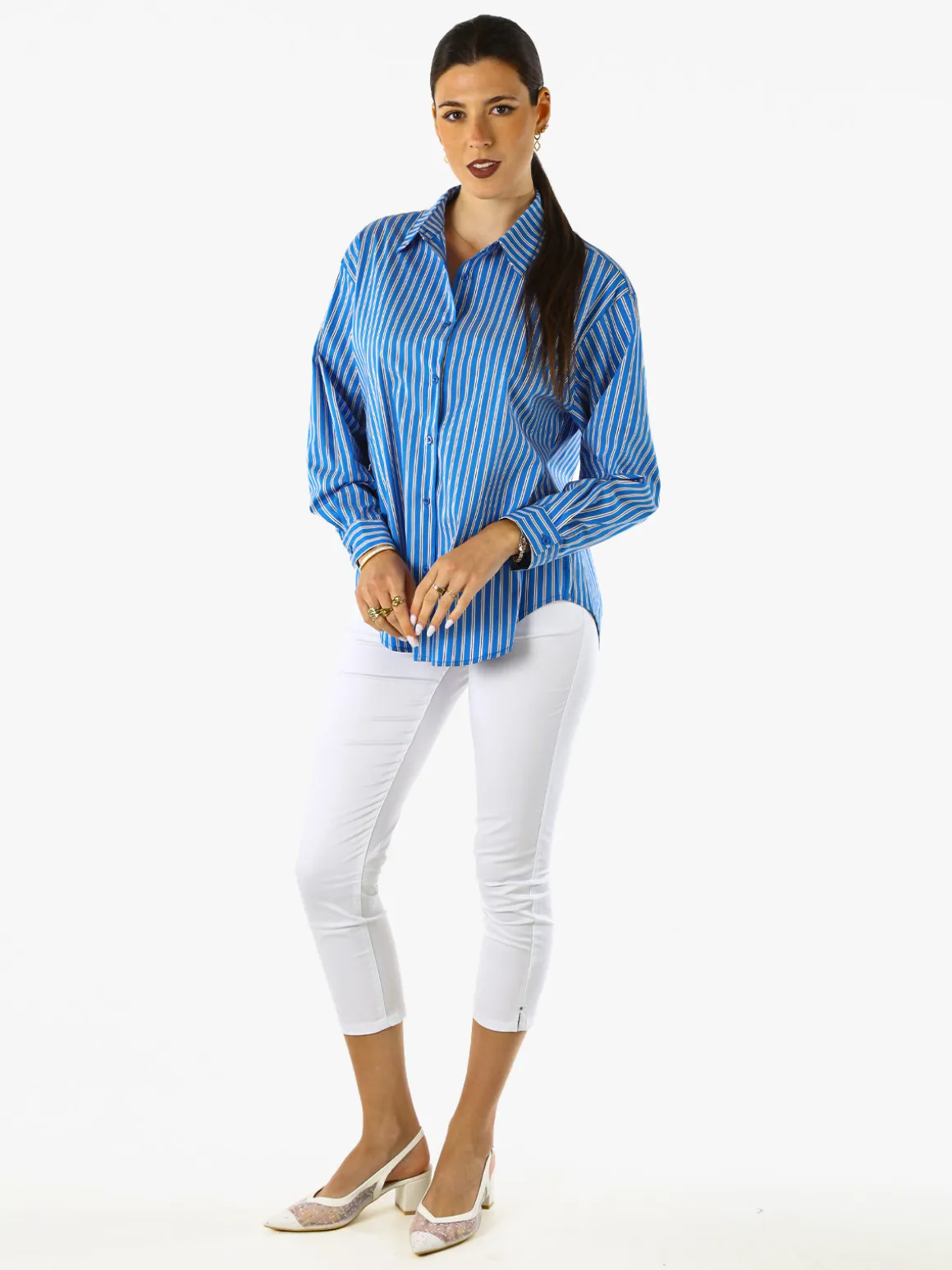 Solada Camicia donna oversize a righe con maniche lunghe - blu