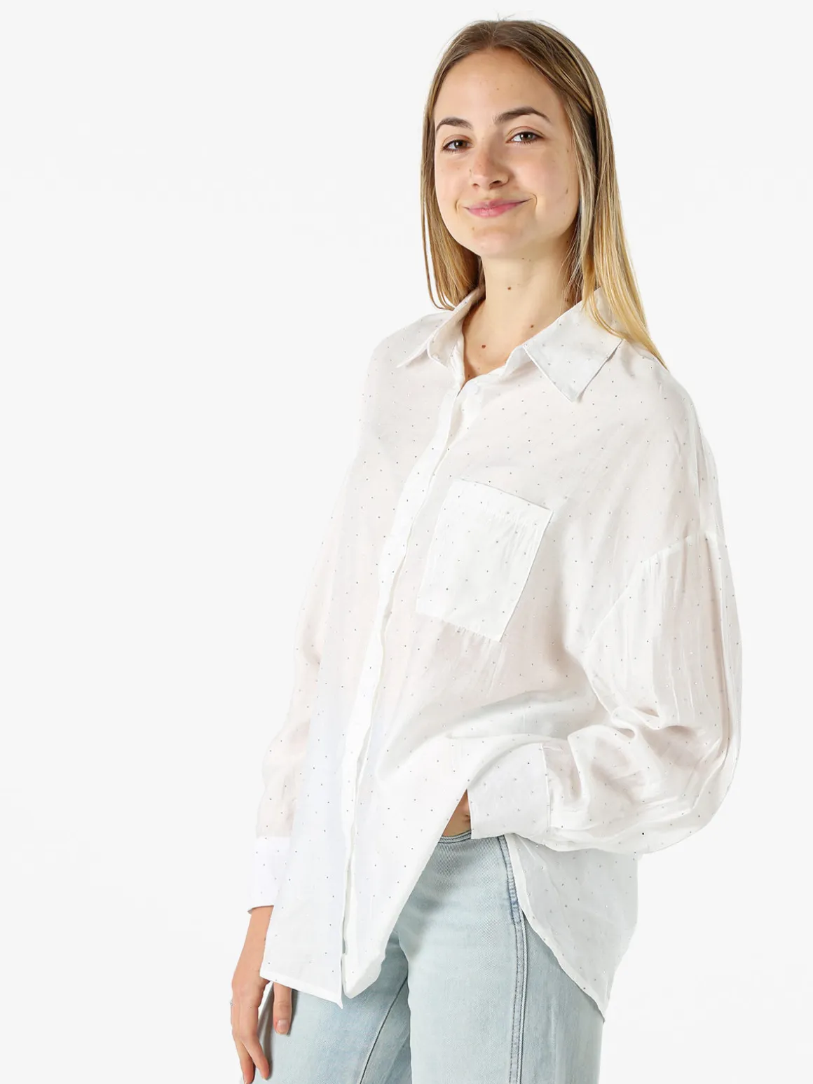 Solada Camicia donna oversize a maniche lunghe con micro borchie - bianco
