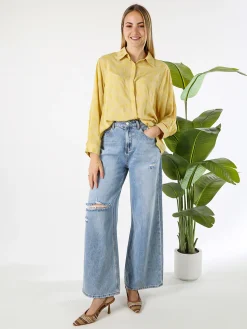 Solada Camicia donna oversize a maniche lunghe in misto cotone - giallo