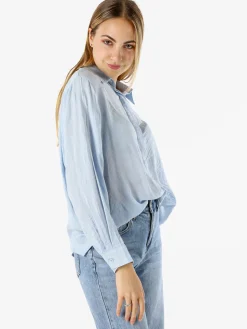 Solada Camicia donna oversize a maniche lunghe in misto cotone - azzurro