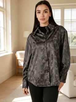 Solada Camicia donna oversize a maniche lunghe con taschino - grigio scuro