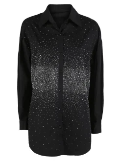 Solada Camicia donna oversize con strass a maniche lunghe - argento