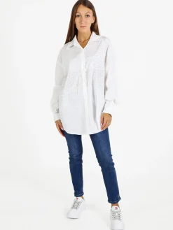 Solada Camicia donna oversize con strass a maniche lunghe - bianco
