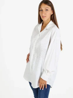 Solada Camicia donna oversize con strass a maniche lunghe - bianco