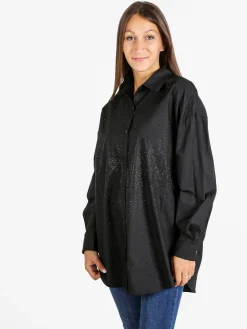 Solada Camicia donna oversize con strass a maniche lunghe - nero