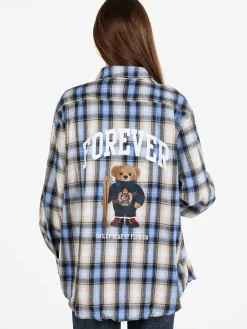 Solada Camicia donna oversize a quadri con stampa orsacchiotto sul retro - blu