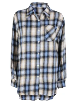Solada Camicia donna oversize a quadri con stampa orsacchiotto sul retro - blu