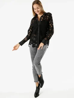 Solada Camicia donna ricamata in pizzo a maniche lunghe - nero