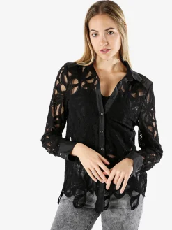 Solada Camicia donna ricamata in pizzo a maniche lunghe - nero