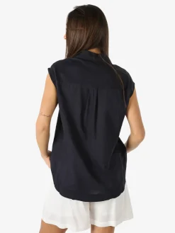 Solada Camicia donna smanicata in misto lino - blu scuro