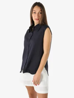 Solada Camicia donna smanicata in misto lino - blu scuro