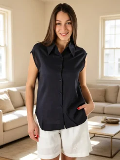 Solada Camicia donna smanicata in misto lino - blu scuro
