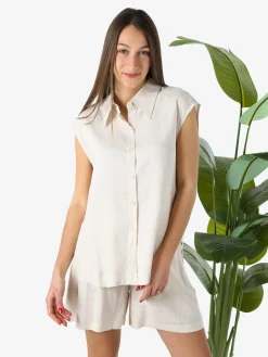 Solada Camicia donna smanicata in misto lino - beige