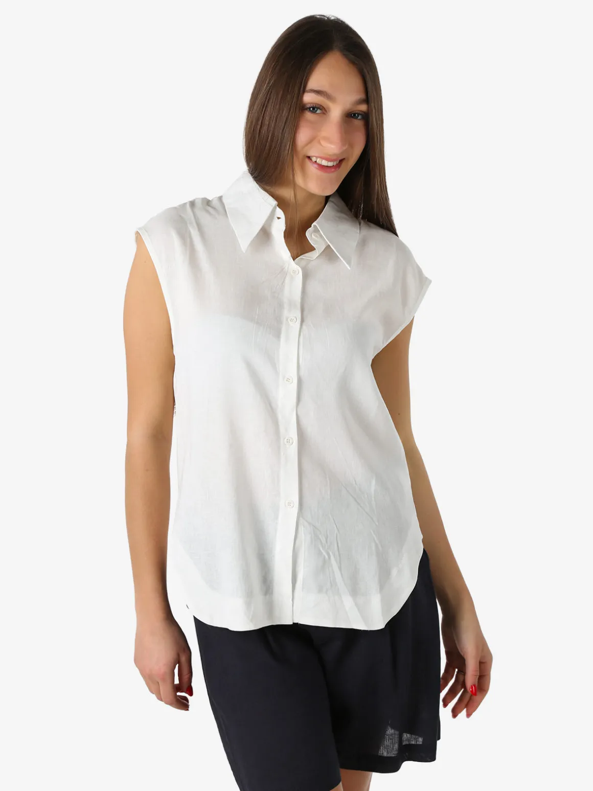 Solada Camicia donna smanicata in misto lino - bianco