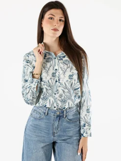 Solada Camicia floreale da donna in cotone a maniche lunghe - turchese