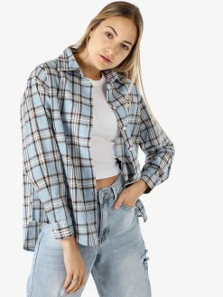 Solada Camicia in cotone da donna a quadri con maniche lunghe - azzurro