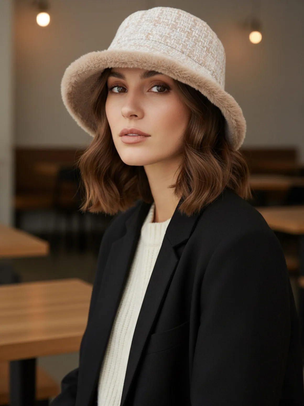 Solada Cappello donna in tweed con bordo in ecopelliccia - beige