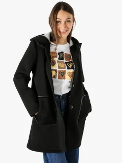 Solada Cappotto da donna in panno con bottoni e cappuccio - nero