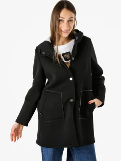 Solada Cappotto da donna in panno con bottoni e cappuccio - nero
