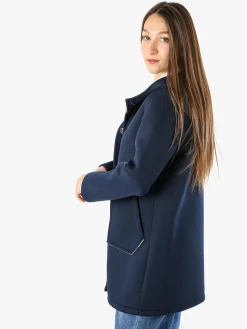 Solada Cappotto da donna in panno con bottoni e cappuccio - blu scuro