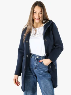 Solada Cappotto da donna in panno con bottoni e cappuccio - blu scuro