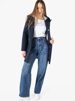 Solada Cappotto da donna in panno con bottoni e cappuccio - blu scuro