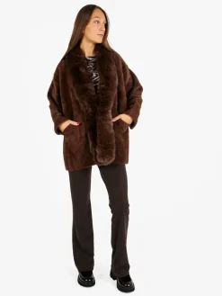 Solada Cappotto donna aperto in ecopelliccia - caffè