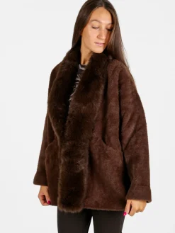 Solada Cappotto donna aperto in ecopelliccia - caffè