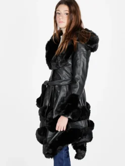 Solada Cappotto donna in ecopelle con cappuccio e dettagli in pelliccia sintetica
