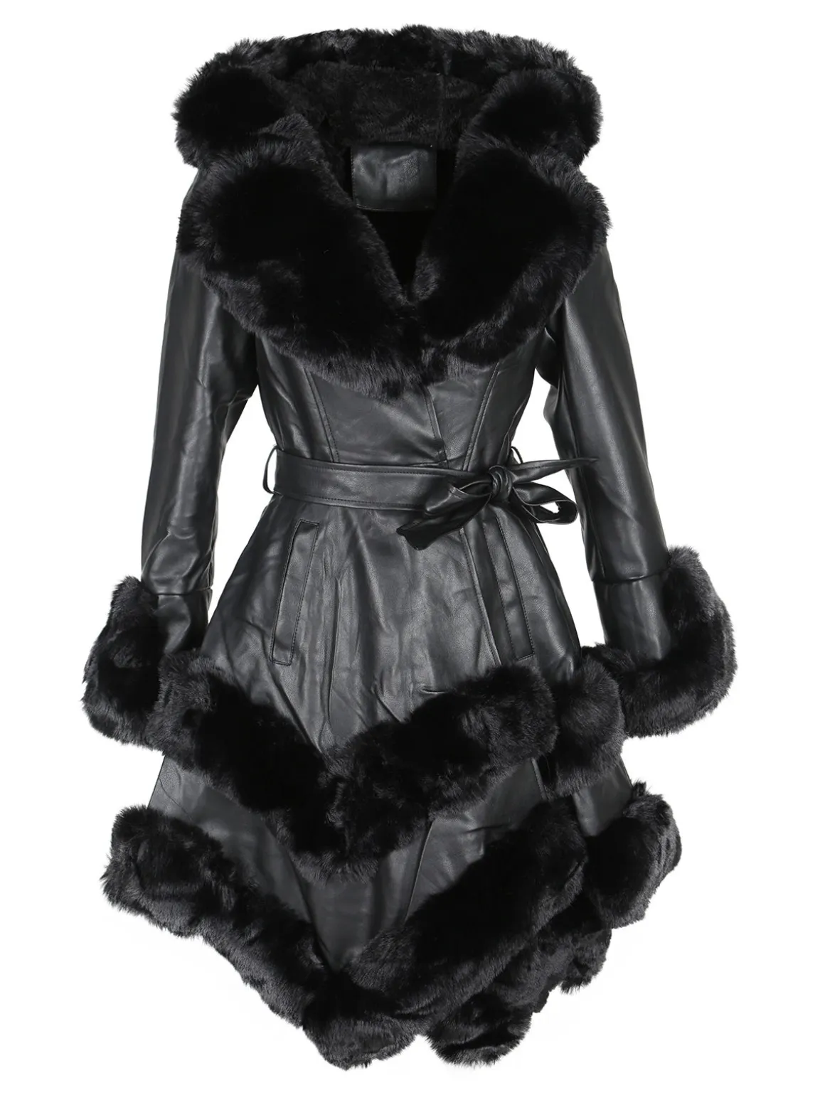 Solada Cappotto donna in ecopelle con cappuccio e dettagli in pelliccia sintetica