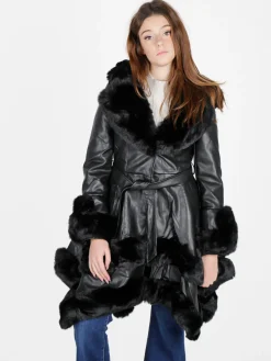Solada Cappotto donna in ecopelle con cappuccio e dettagli in pelliccia sintetica