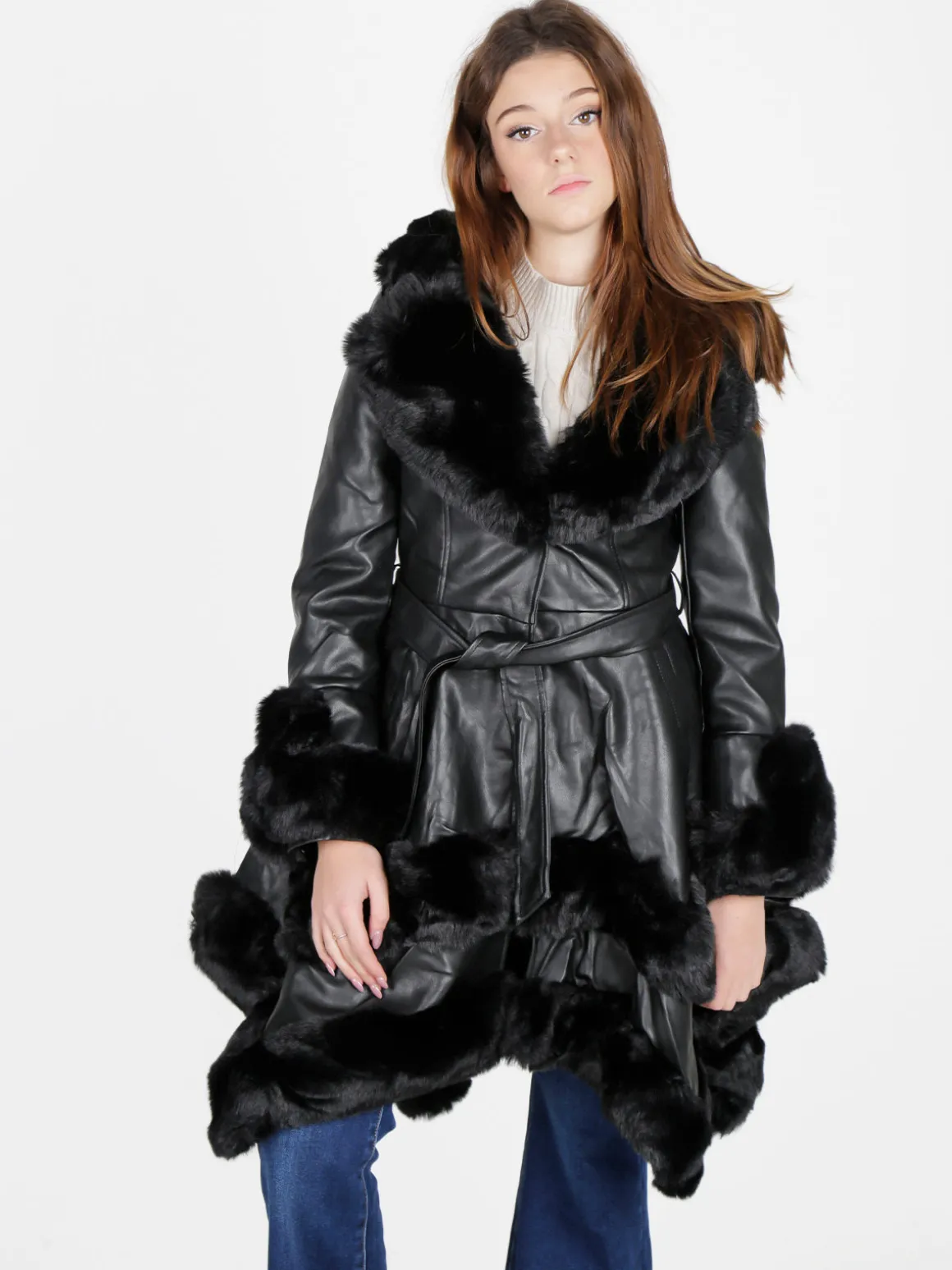 Solada Cappotto donna in ecopelle con cappuccio e dettagli in pelliccia sintetica