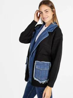 Solada Cardigan donna in maglia con inserti jeans - nero