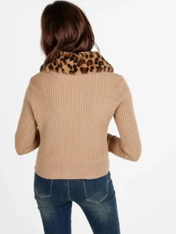 Solada Cardigan donna in maglia con colletto animalier in pelliccia sintetica