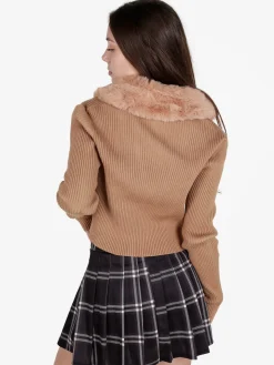 Solada Cardigan donna in maglia a costine con scollo in pelliccia sintetica